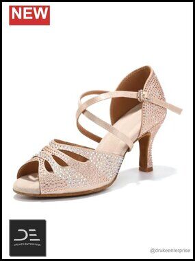 Satin Rhinestone Open Toe Latin Dance Shoes with 3in Suede Sole Heel